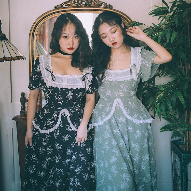 Blackberry and Laurel Vintage Lace Square Neckline SHort Sleeves Long Dress