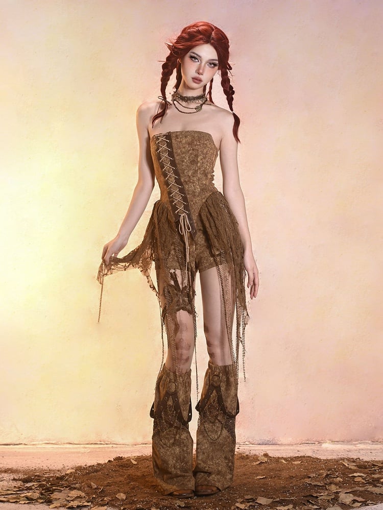 Y2K Retro Vintage Distressed Asymmetrical Denim Bustier Top – Summer Essential in Desert Dunes