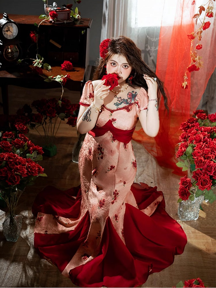 Plus Size Mesh Patchwork Hem Red Rosette Print Dress Mermaid Skirt