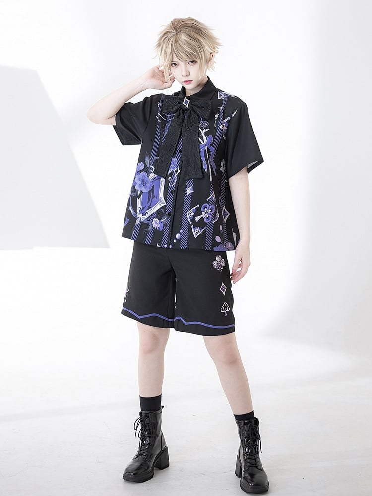 Ouji Fashion Poker and Rose Print Summer Magician Shirt with Bowtie