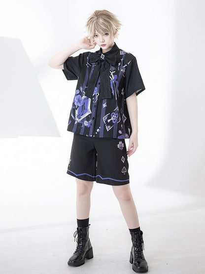 Black Ouji Summer Shorts with Spade Diamond Club Embroidery