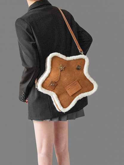 Vintage Brown Small-Sized Star-Shaped 2-Way Backpack With Labels And Metal Pins In A Plush Feel