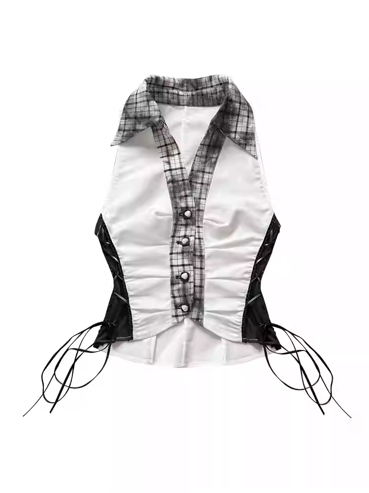 Black Plaid Pattern Shirt Collar Cropped Sleeveless Top with Lace-up Details Side