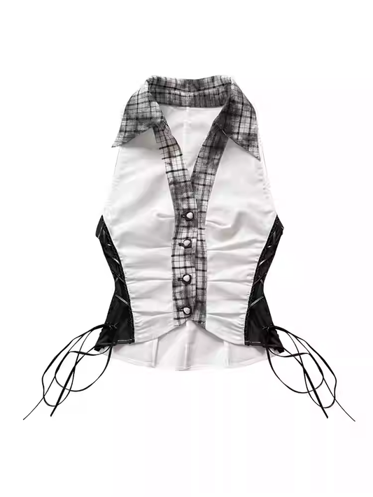 Black Plaid Pattern Shirt Collar Cropped Sleeveless Top with Lace-up Details Side