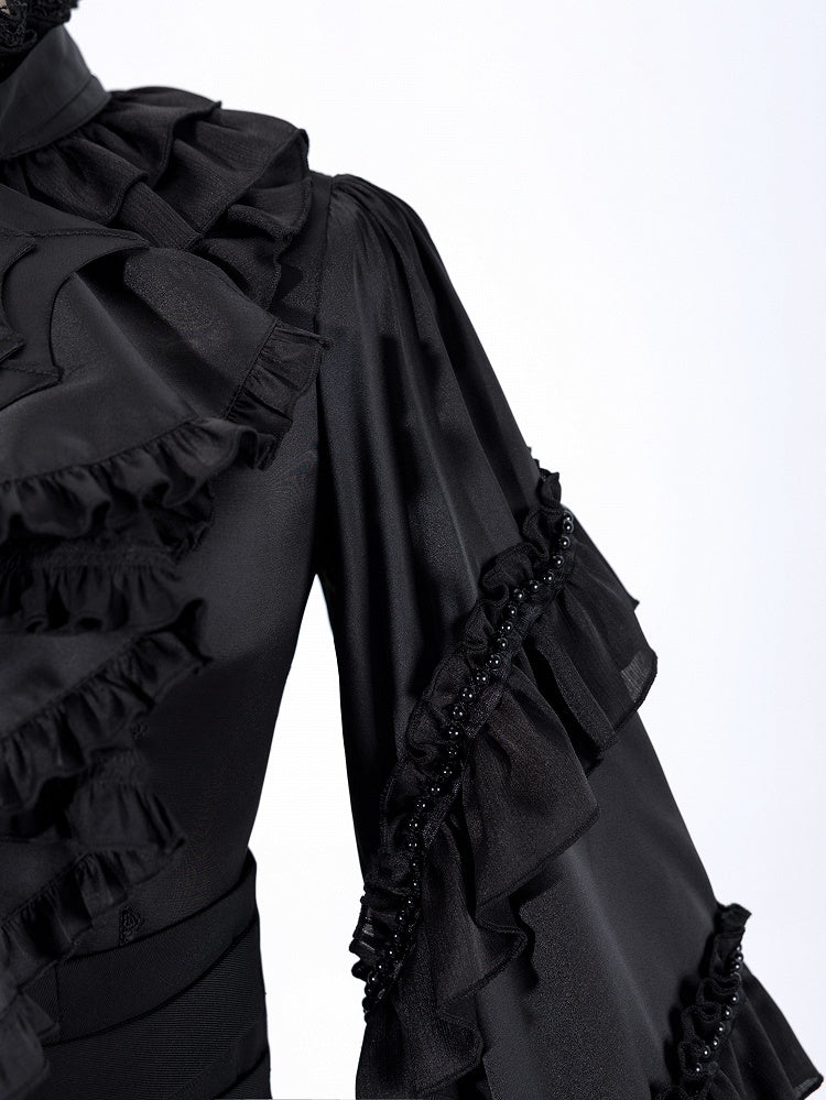Ruffled High Neck Black Bead Chain and Cascading Ruffles Long Sleeves Siren Shirt