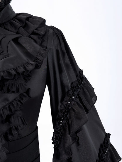 Ruffled High Neck Black Bead Chain and Cascading Ruffles Long Sleeves Siren Shirt