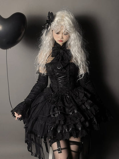 Clearance-Size M for Bust 85-99CM Black Halter Neck Sleeveless Top + Waist 64-100CM Kuro Gothic Lolita Tiered Skirt Full Set