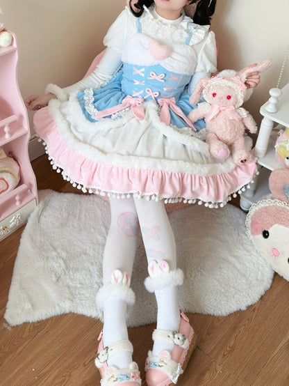 Plush Trimming Blue Sweet Lolita Dress for Autumn and Winter