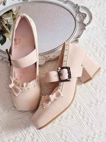 Low-heel/Mid-heel Classic Lolita Apricot PU Shoes with Floral Cut-Outs & Practical Snap Closure