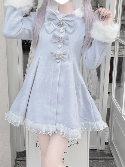 Jirai Kei Light Blue A-Line Waisted Coat with Detachable Bunny Ears Hood & Bowknots