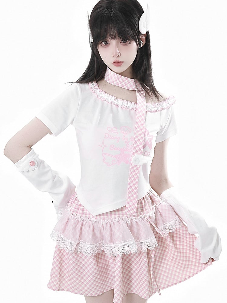 Pink/Baby Blue Starfish and Seashell Print Ruffled Asymmetrical Neckline T-shirt with Plaid Scarf