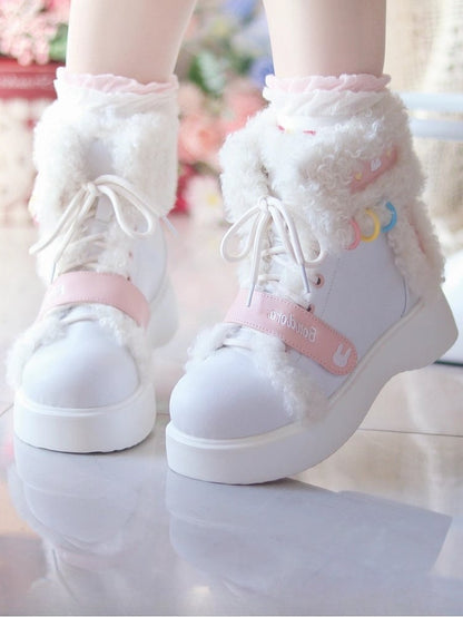 White Bunny Themed Winter Boots - Platform Sole with Plush Ear Accents & Hybrid Fastening