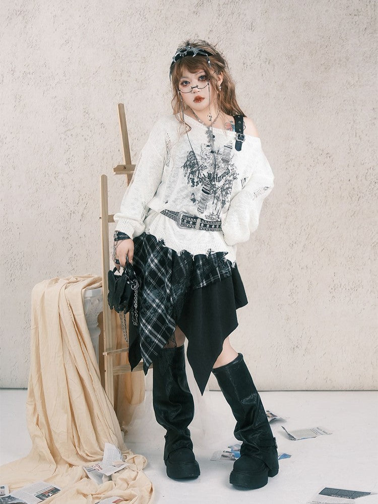 Plus Size Black Plaid Patchwork Handkerchief Hem Skirt with Star Embroidered Lace Layer