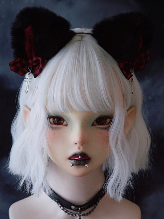 Black And Red Plaid Pattern Bowknot With Cross Charm Cat Ear Design KC