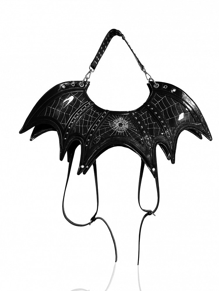 Gothic Spiderweb Print Black Studs Bat Tote Bag with Three Straps