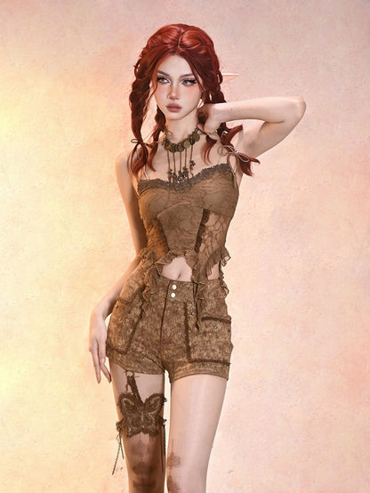 Summer Essential Lace Vintage-Inspired Spaghetti Strap Brown Top for Women