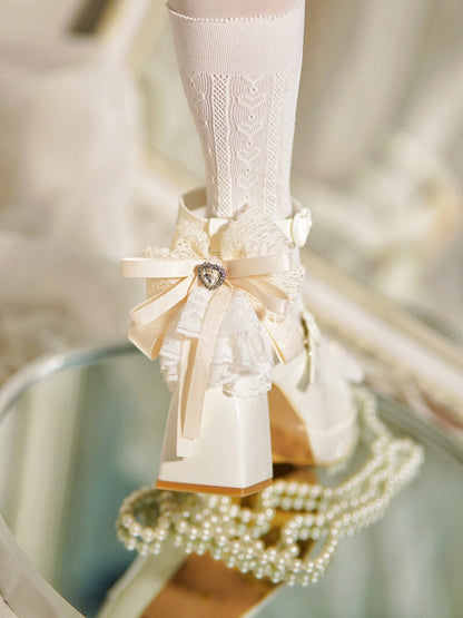 White Knotted Bow at Top Lace Trim Heart Buckles High Block Heels
