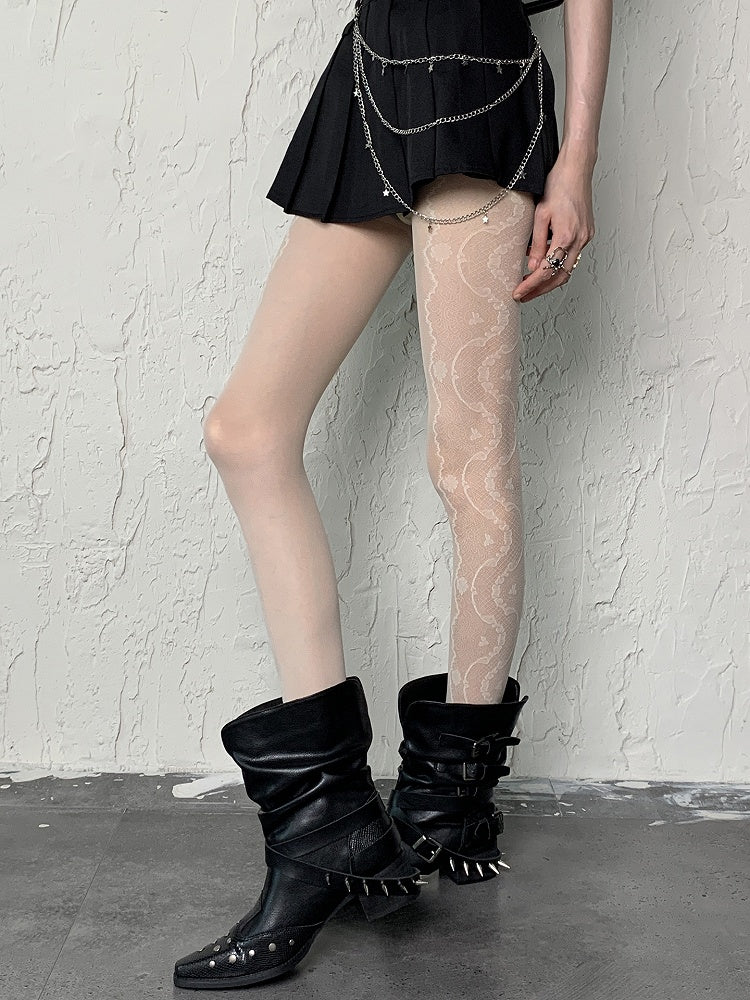 Black/White Y2K Side Floral Pattern Semi-sheer Tights