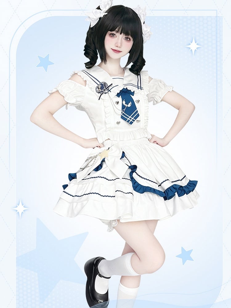 Sailor Collar Cutout Shoulder Top with Tiered Skirt White and Blue Preppy Style Idol Full Set