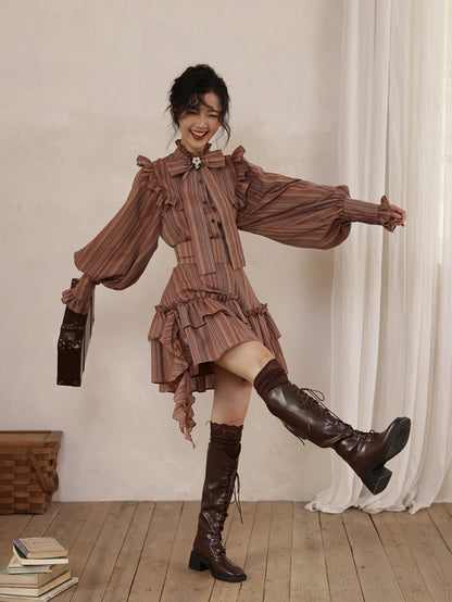 Reddish Brown Vintage Striped Pattern Tiered Ruffle Trim High Waist Skirt