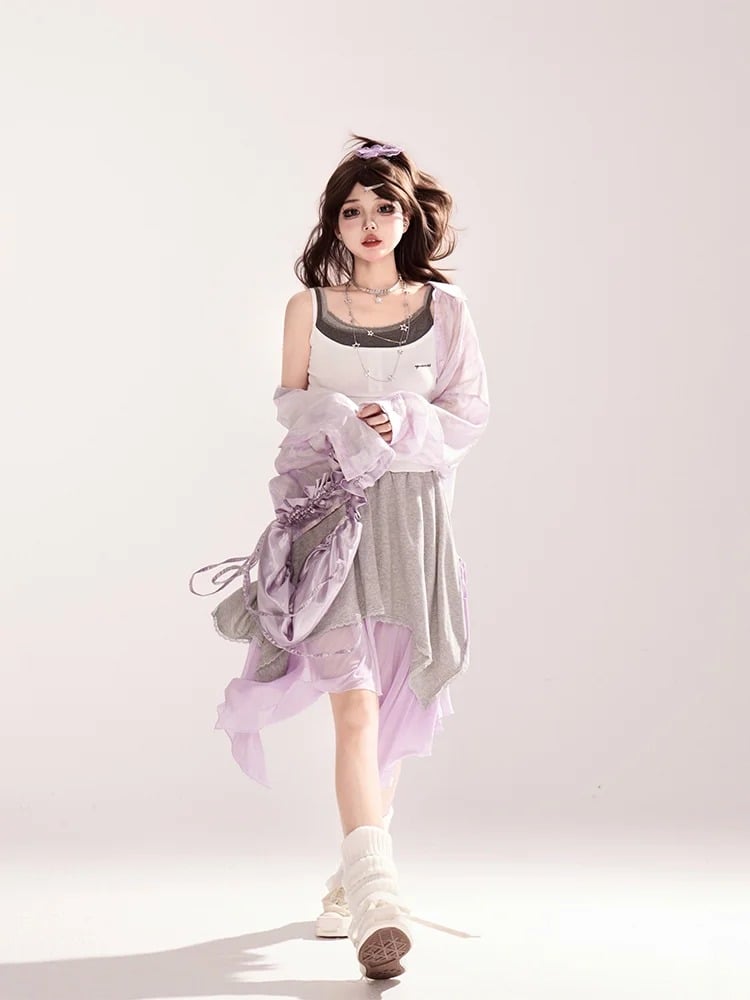 Light Purple Loose Shirt / Drawstring Waist Wide-leg Casual Pants