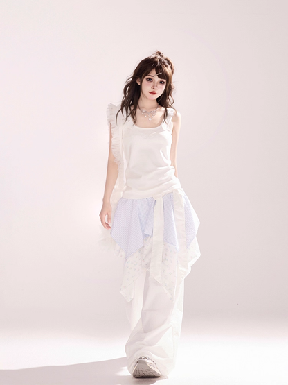 White Low Waist Handkerchief Hem Wide-leg Pants Faux Two-pieces