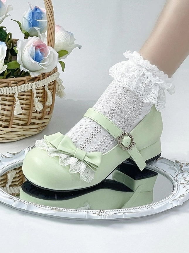 Round Toe Grass Green Low-heel Sweet Mary Jane Shoes in PU with Bow at Top & Lace Trim