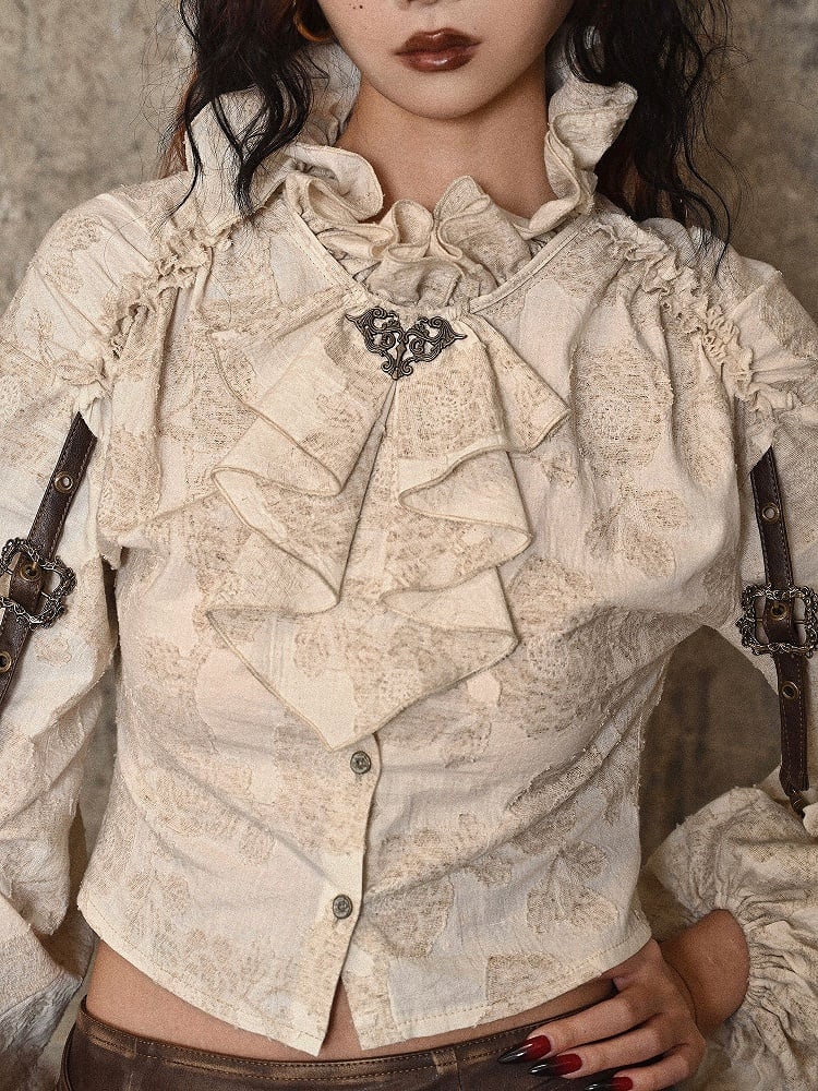 Clearance-Size S for Bust 88CM Ruffle Neckline Apricot Steampunk Balloon Sleeves Shirt