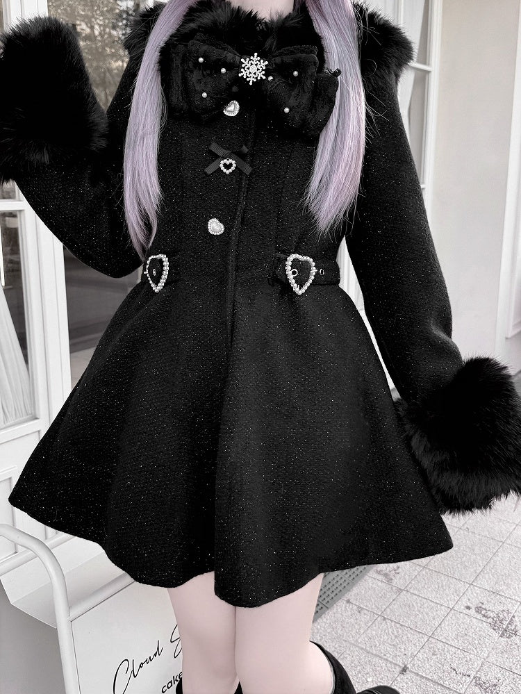 Jirai Kei Black/Beige Waisted Coat with Detachable Faux Fur Collar and Cuffs