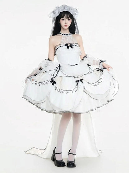 Plus Sizes White & Black Illusion Neckline Sweet Lolita Dress Short Version+Train+Head Veil+Detachable Sleeves Full Set