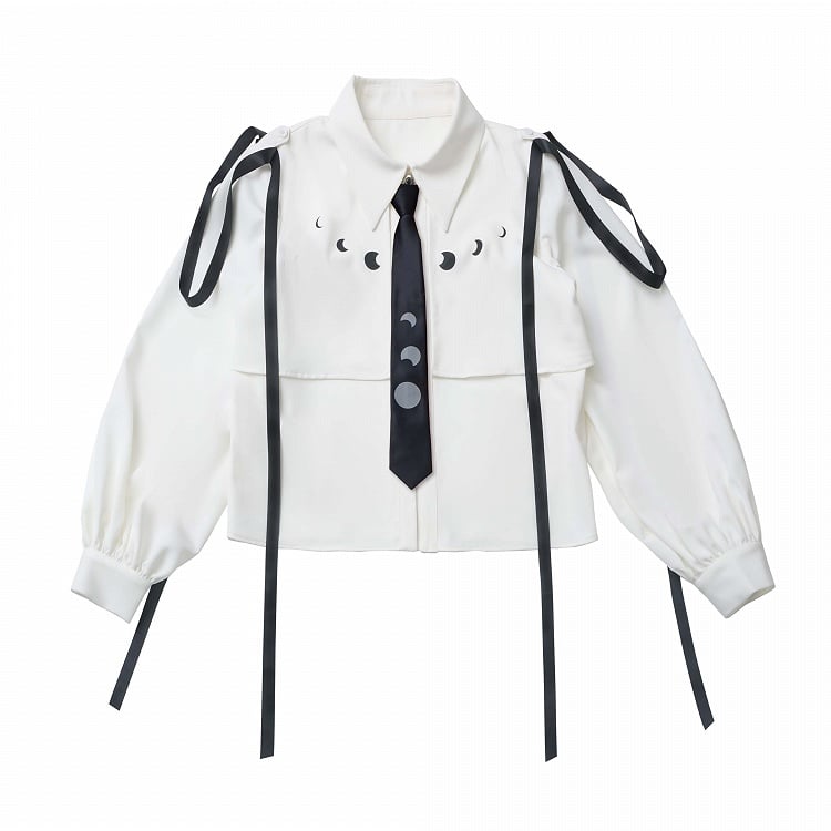 Wine Red/White Ribbon Moon Print Shirt With A Tie