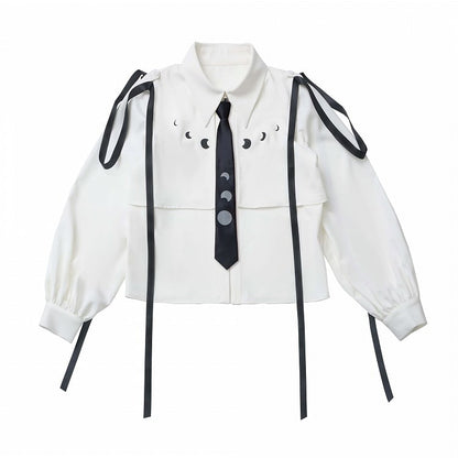 Wine Red/White Ribbon Moon Print Shirt With A Tie