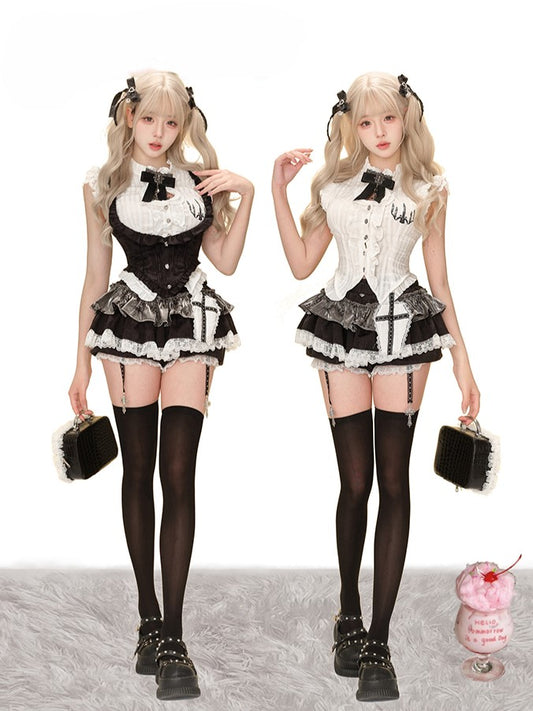 Gothic Black Tiered Skort with Lace Trim and Cross-Strap Accents