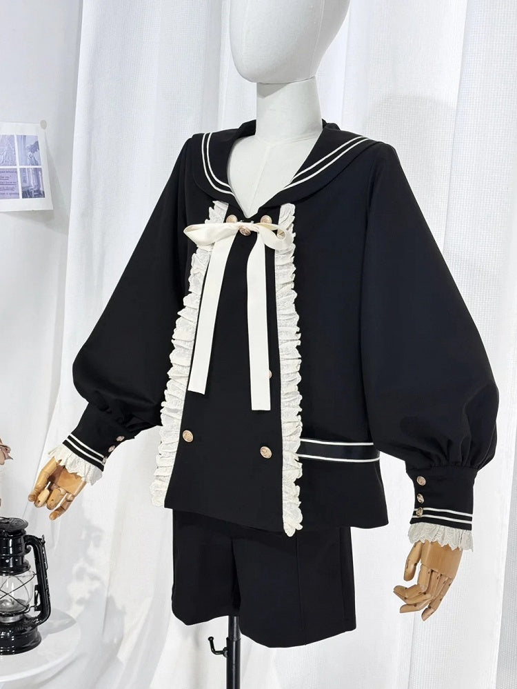 Ouji Lolita Black Preppy Ensemble: Sailor Collar Top and Shorts Set with Beige Lace Detail