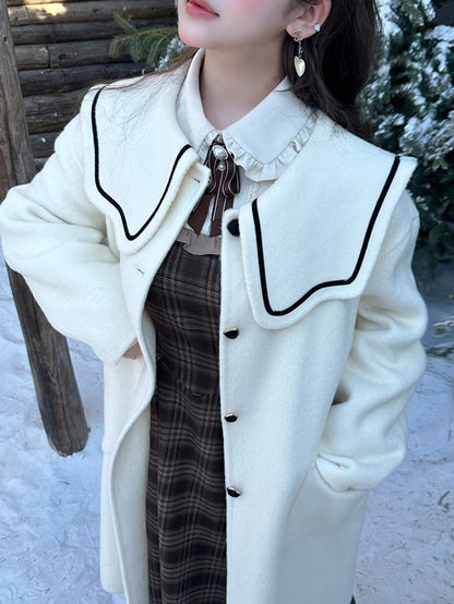 Plus Size Milk White Sailor Collar Heart Buttons Woolen Coat