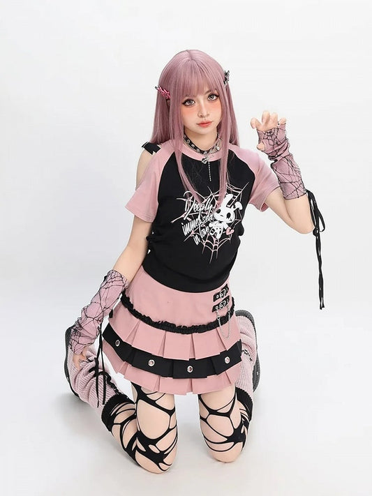 Clearance-Size M for Waist 67CM Y2K Pink Heart Buckles Box Pleat Lined Tiered Skirt