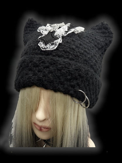Punk Black Cat Ears Design Cross Patch Knit Hat
