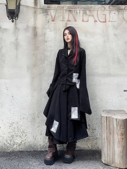 Black Notched Collar Bell Sleeves Punk Appliques Asymmetrical Shirt
