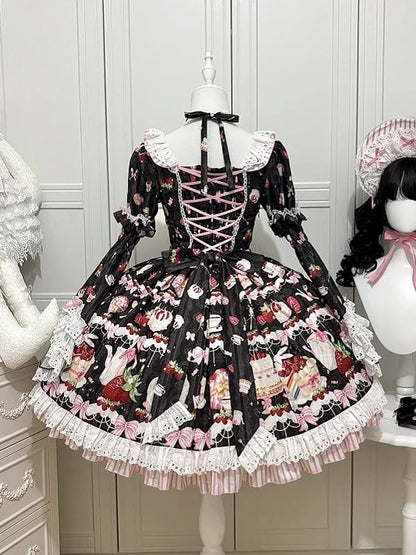 Strawberry Cake Print Black Sweet Lolita Short Sleeves Dress with Detachable Bell Sleeves
