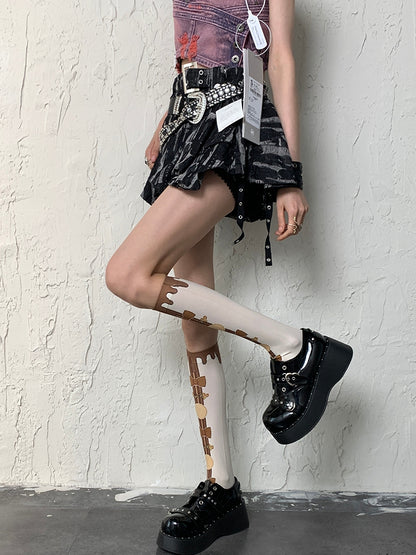 White&Brown Y2K Bittersweet Cookie And Bowknot Print Underknee Stockings
