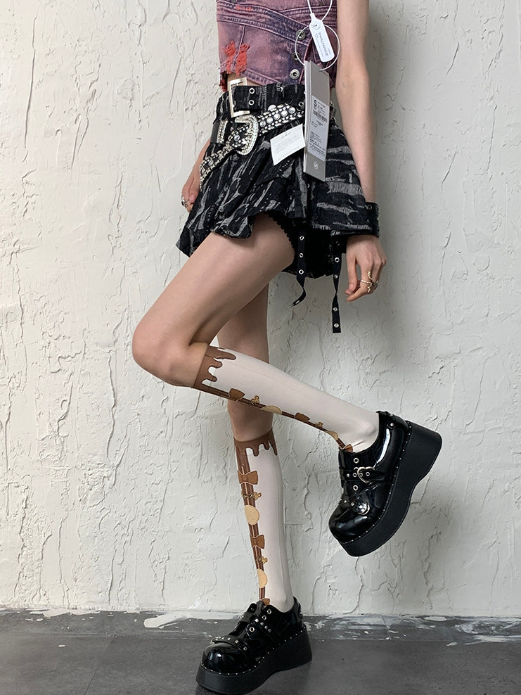 White&Brown Y2K Bittersweet Cookie And Bowknot Print Underknee Stockings