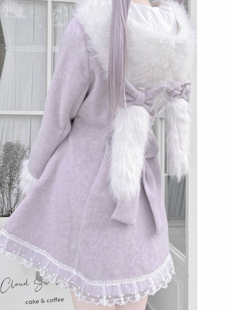 Jirai Kei Dusty Purple Waisted Coat | Detachable Plush Bunny Hood & Bow | Wool Blend