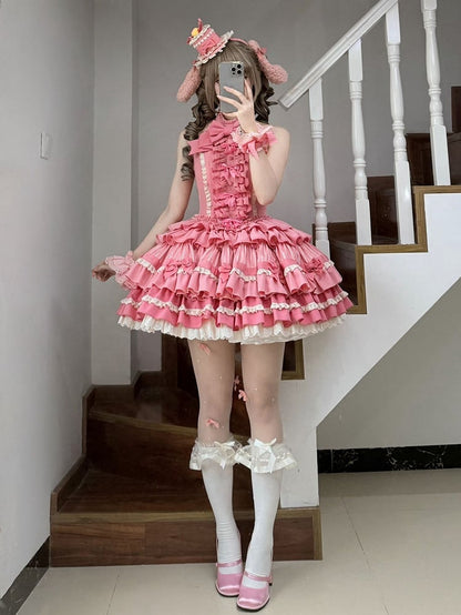 Rose Pink Sweet Bow Accents Tiered Ruffle Skirt Idol Lolita Halter Neck Dress
