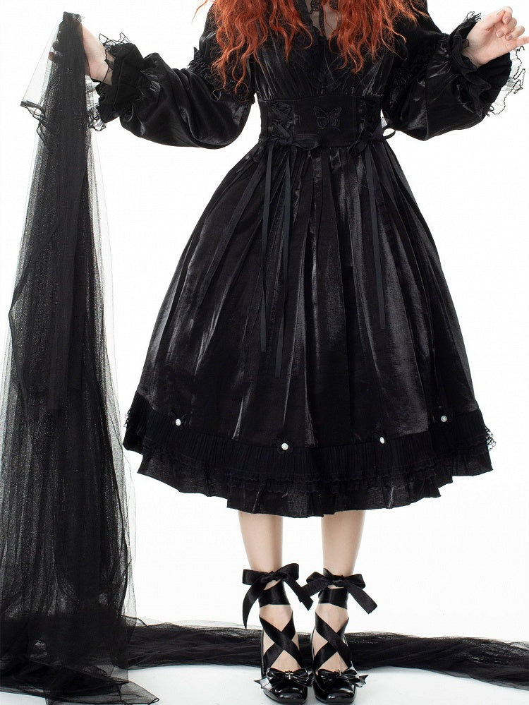 Bat Wings Bow Gothic Black Lace-up Block Heels Balletcore Shoes