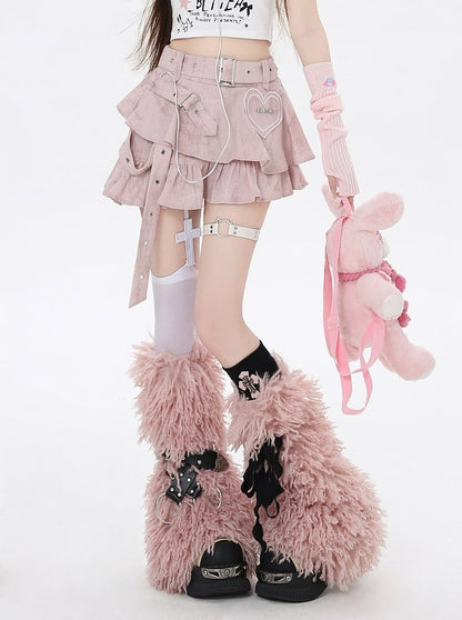 Y2K Pink Sweetheart Applique Asymmetrical Bittersweet Tiered Skirt