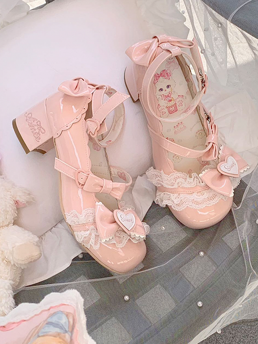 Light Pink Bow Accents Lace Trim Sweet Lolita Block Heel Mary Janes
