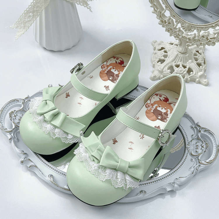 Round Toe Grass Green Low-heel Sweet Mary Jane Shoes in PU with Bow at Top & Lace Trim