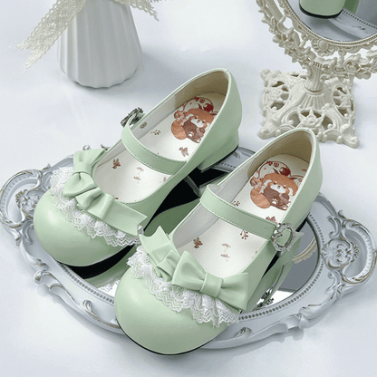 Round Toe Grass Green Low-heel Sweet Mary Jane Shoes in PU with Bow at Top & Lace Trim