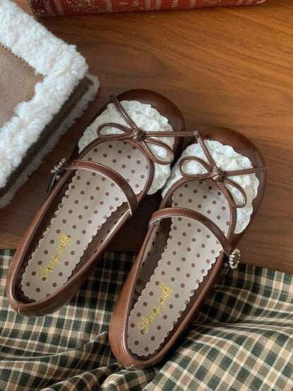 Dark Brown Knotted Bow Accent Lace Trim 2.2CM Heels Round Toe Mary Janes