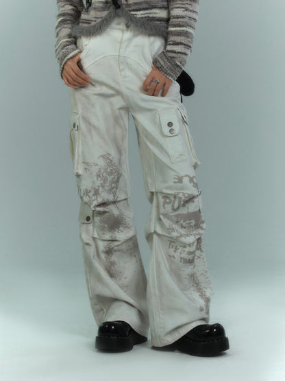 Punk White Distressed Streetwear Wide Leg Cargo Jeans